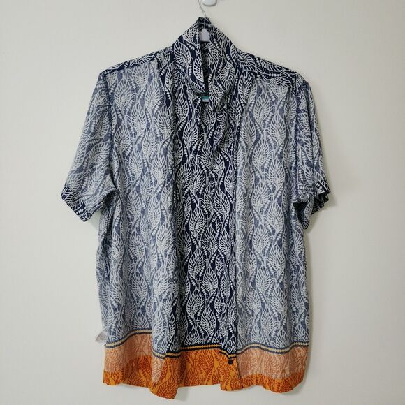 Tasso Elba Men's Silk-Blend Short Sleeve Button-Up Shirt Blue White Orange Sz L - Picture 3 of 11